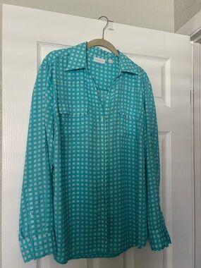 New York & Company Turquoise Check Button-Down Blouse
